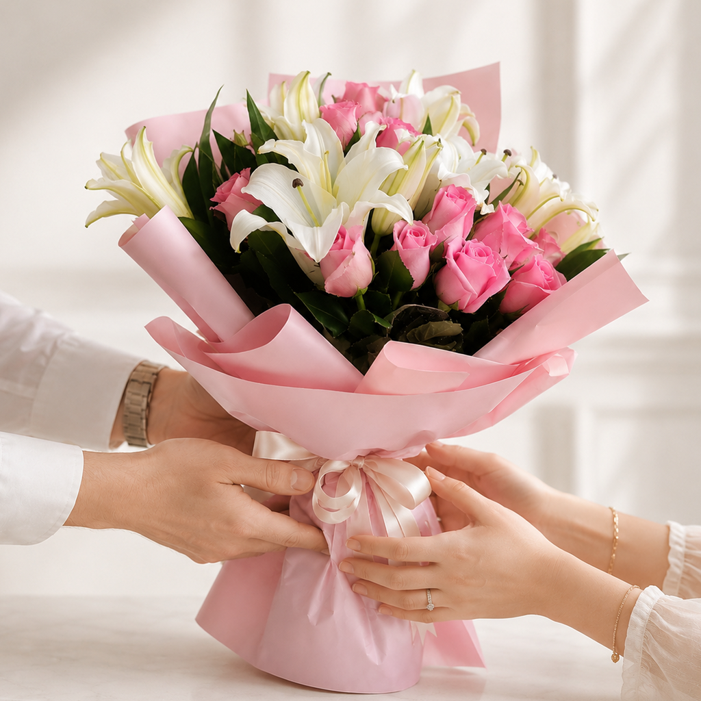 Purity Bouquet – Pink Roses & White Lilies