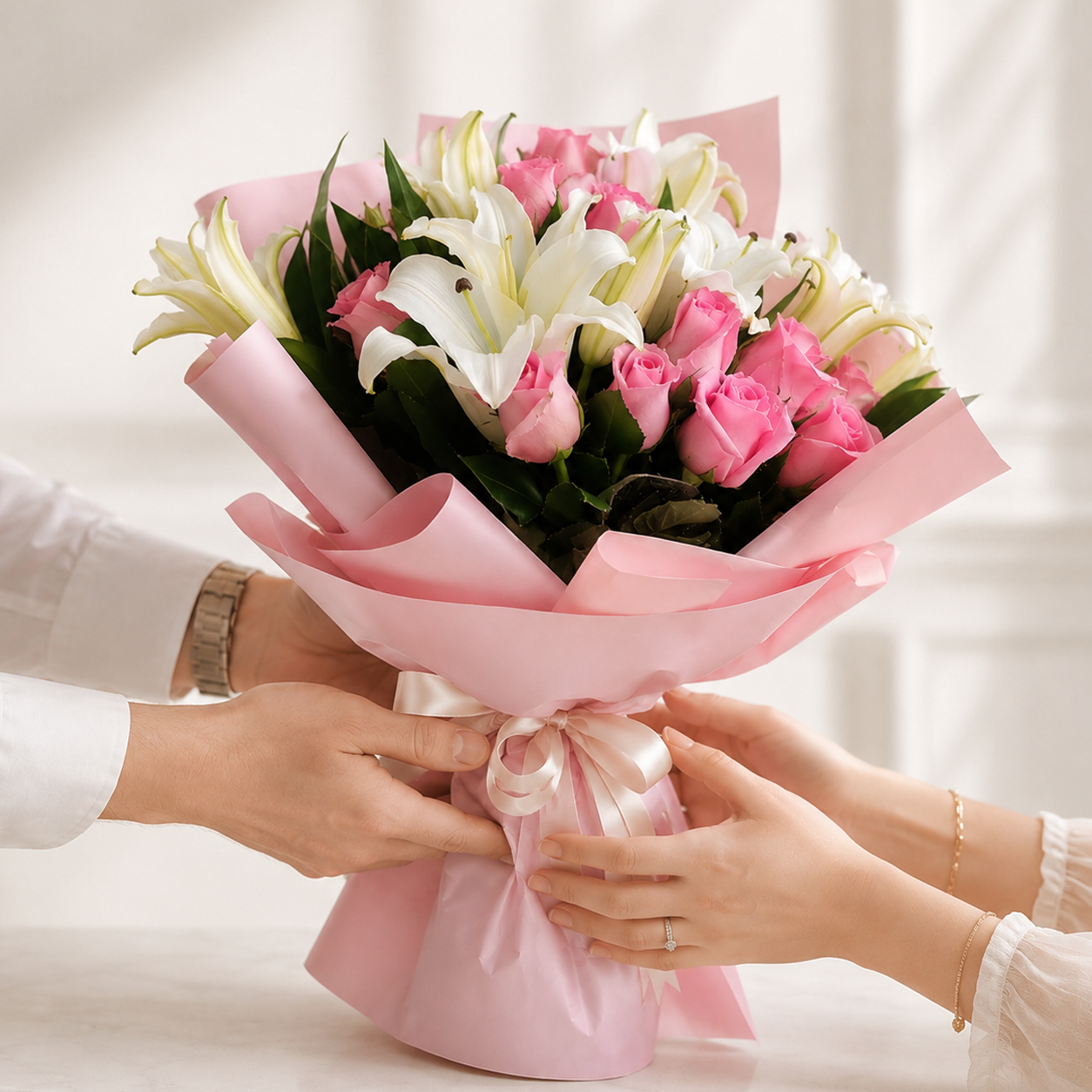 Purity Bouquet – Pink Roses & White Lilies