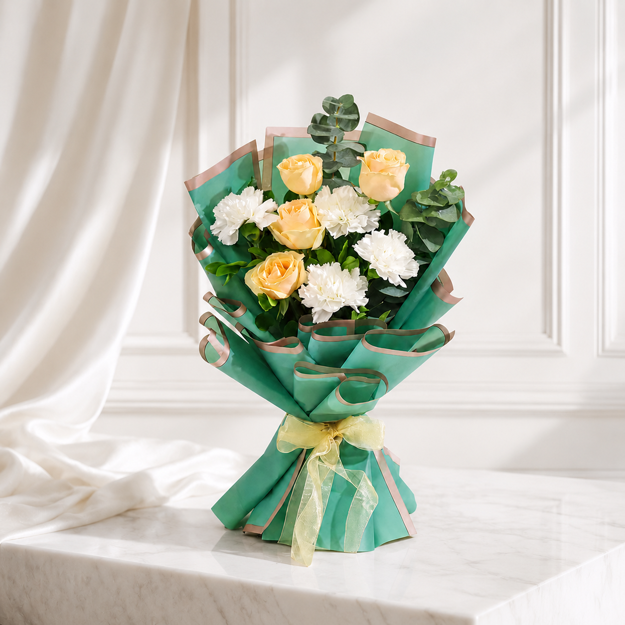 Elegant Peach Roses and White Carnations Bouquet