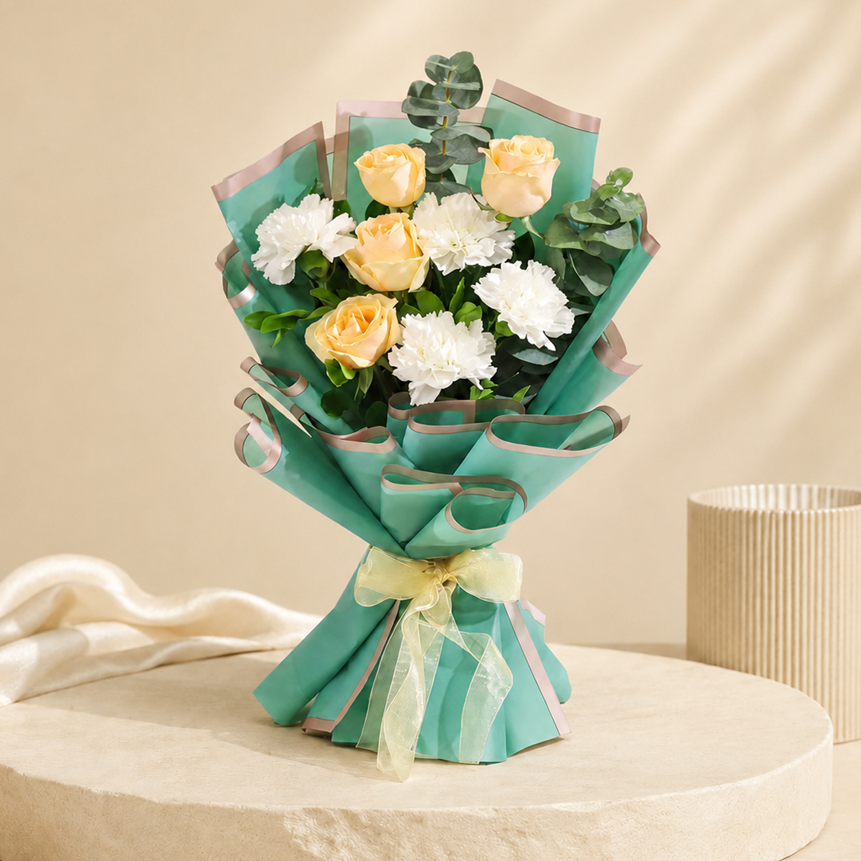 Elegant Peach Roses and White Carnations Bouquet