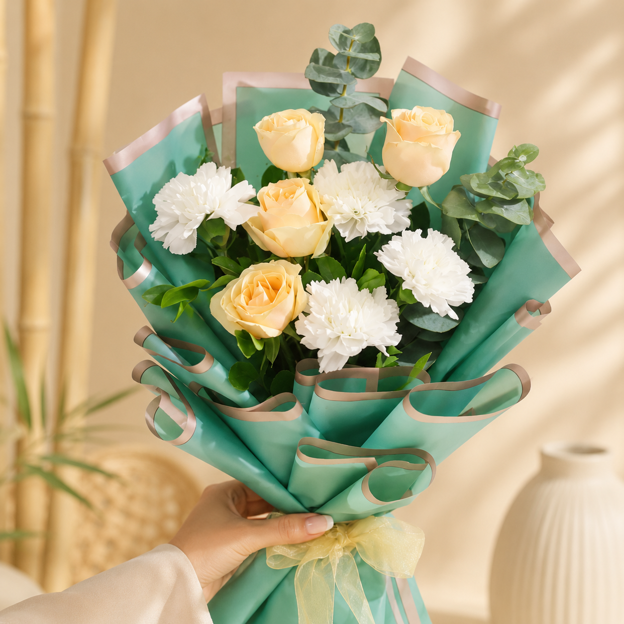 Elegant Peach Roses and White Carnations Bouquet