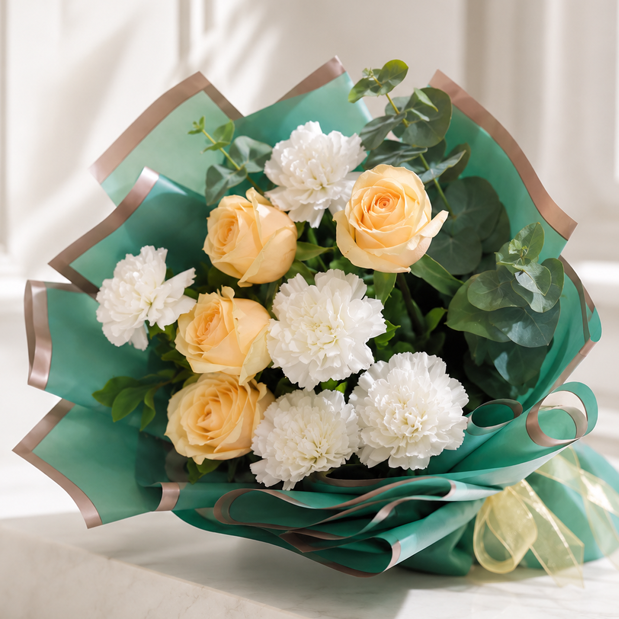 Elegant Peach Roses and White Carnations Bouquet