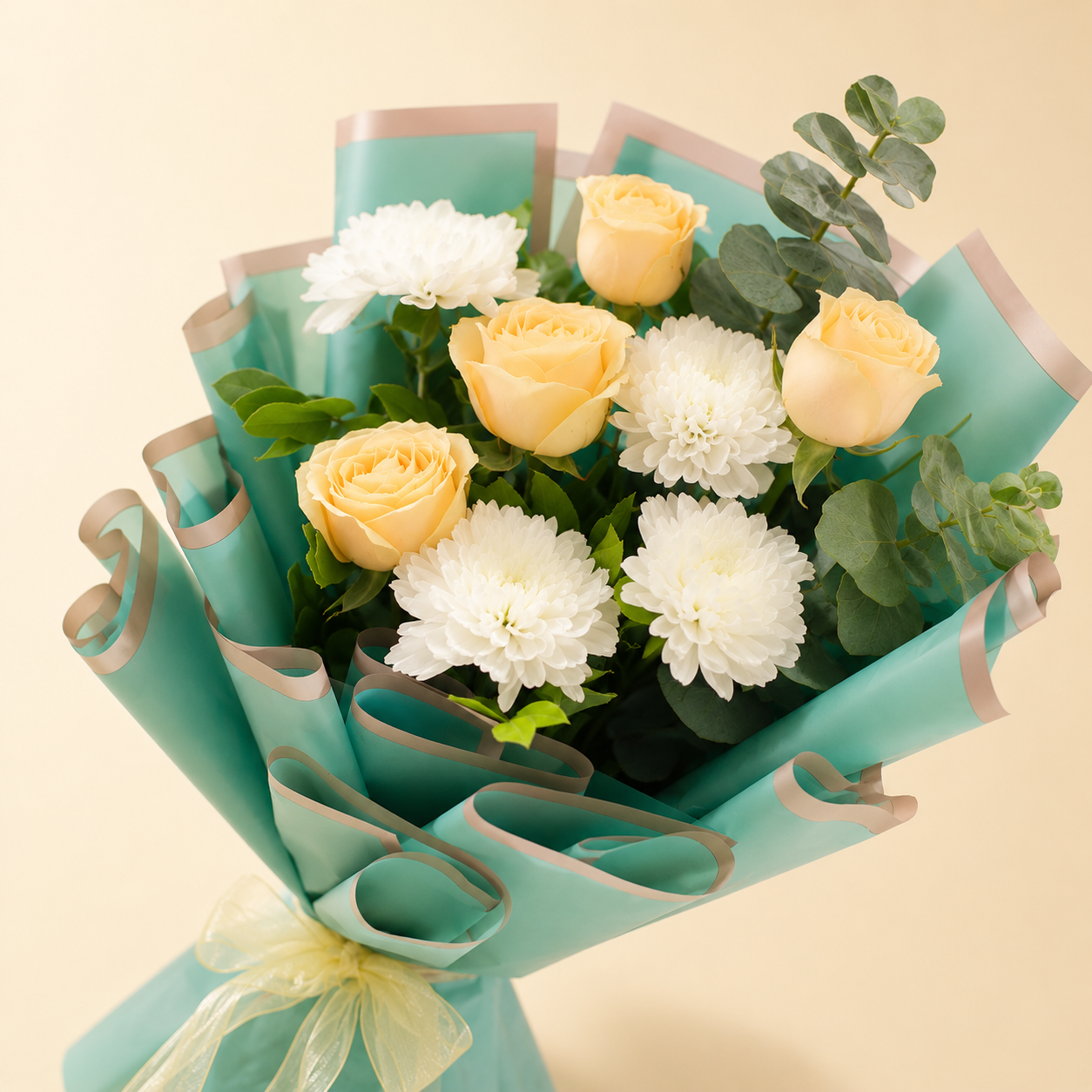 Elegant Peach Roses and White Carnations Bouquet
