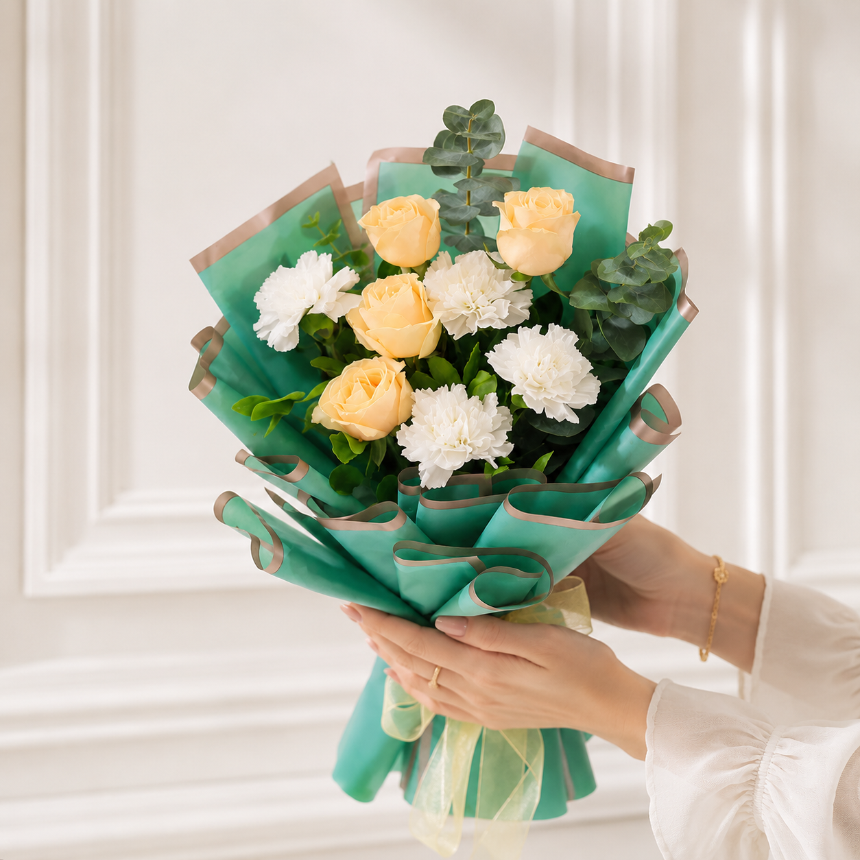 Elegant Peach Roses and White Carnations Bouquet