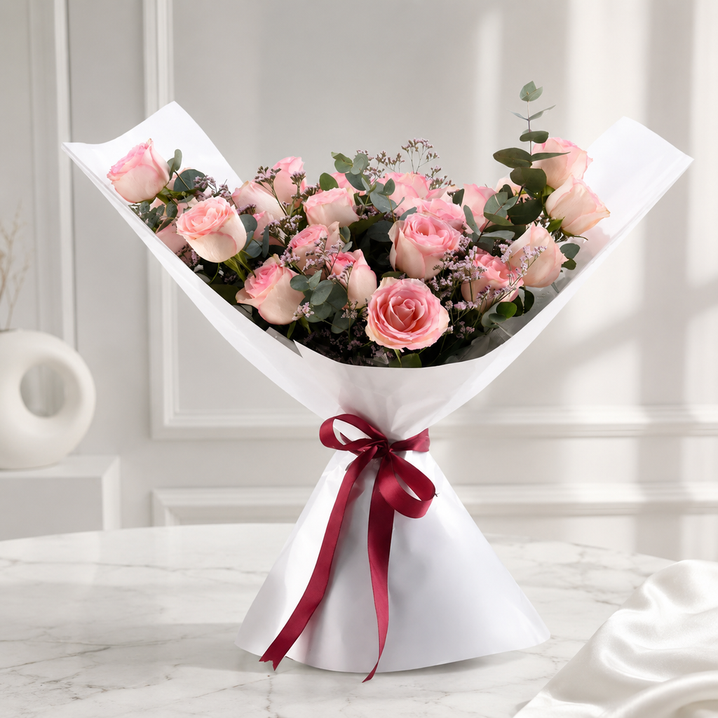 24 Pink Roses Elegant Bouquet in Crisp White Wrapping