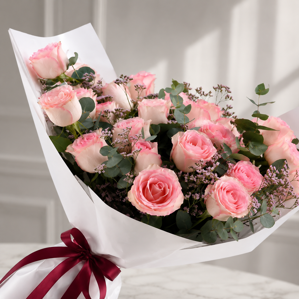24 Pink Roses Elegant Bouquet in Crisp White Wrapping