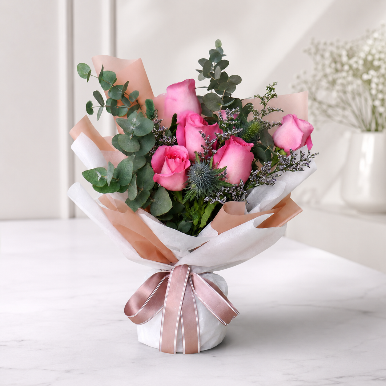 Elegant Pink Rose & Eucalyptus Bouquet