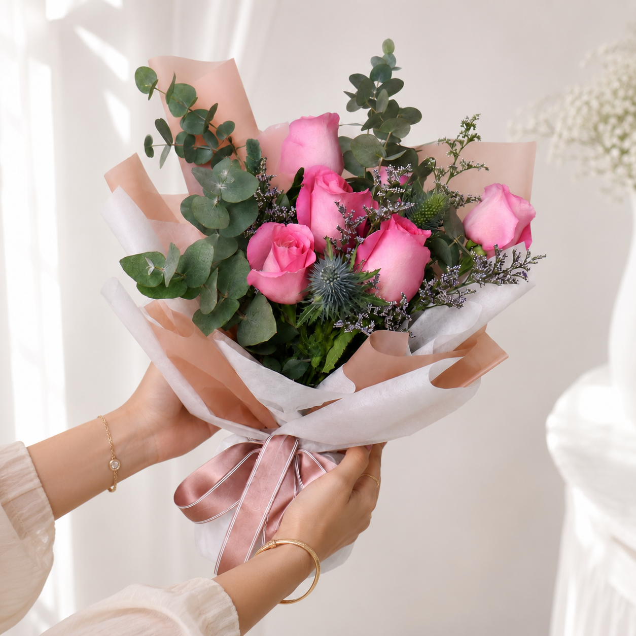 Elegant Pink Rose & Eucalyptus Bouquet
