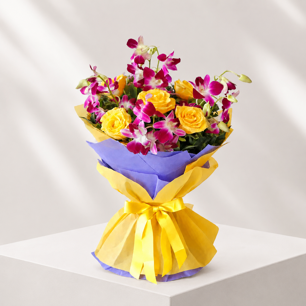 Vibrant Orchids & Yellow Roses Bouquet
