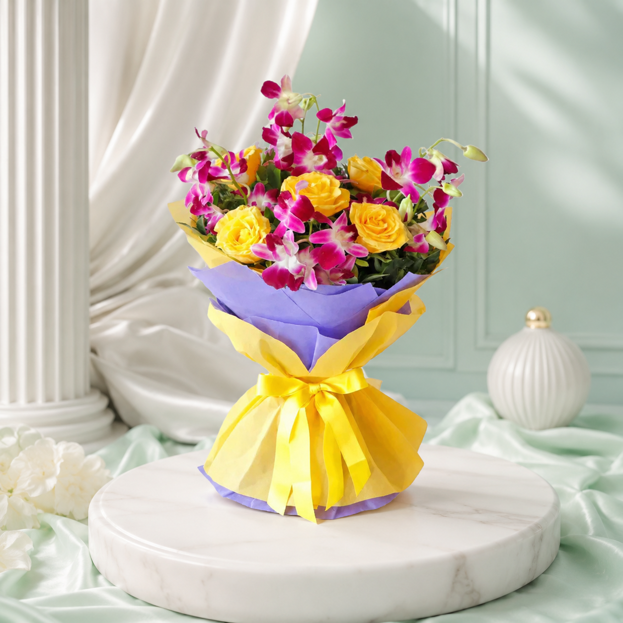 Vibrant Orchids & Yellow Roses Bouquet