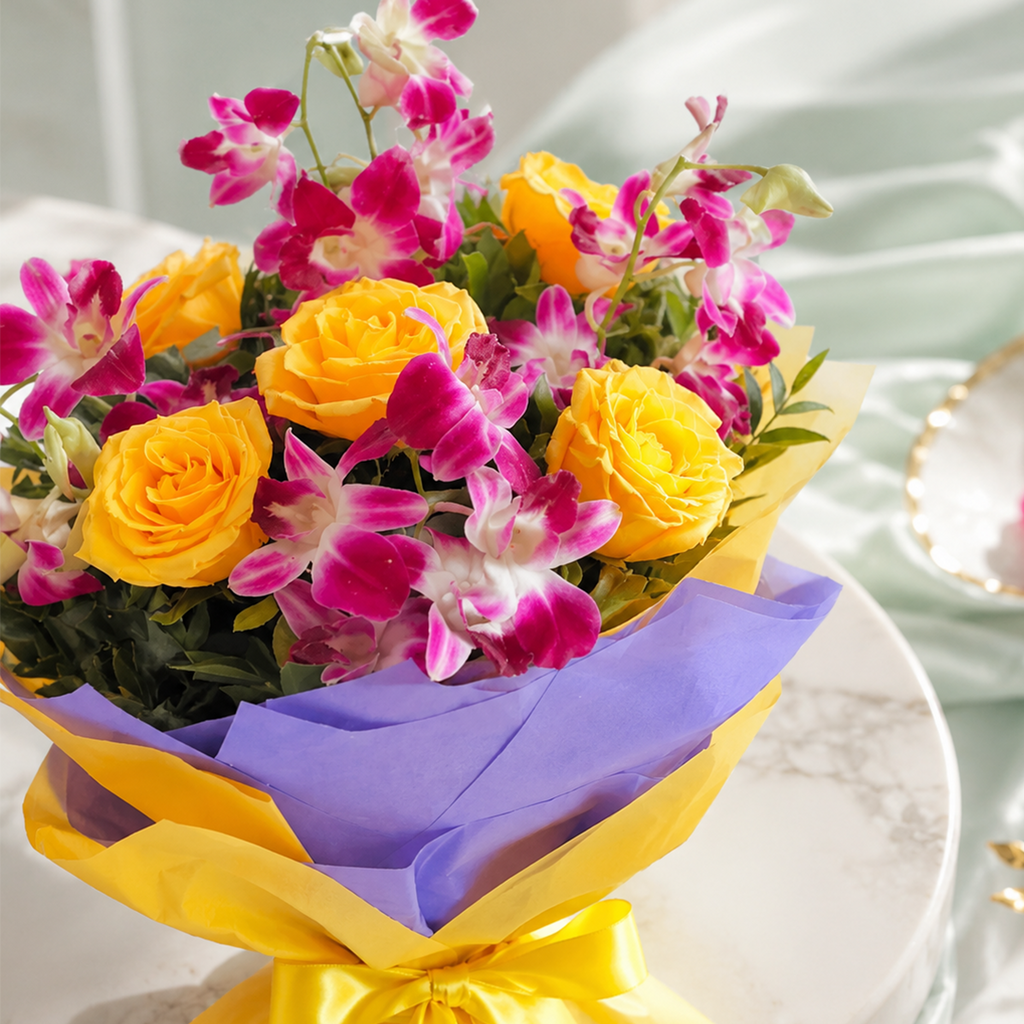 Vibrant Orchids & Yellow Roses Bouquet