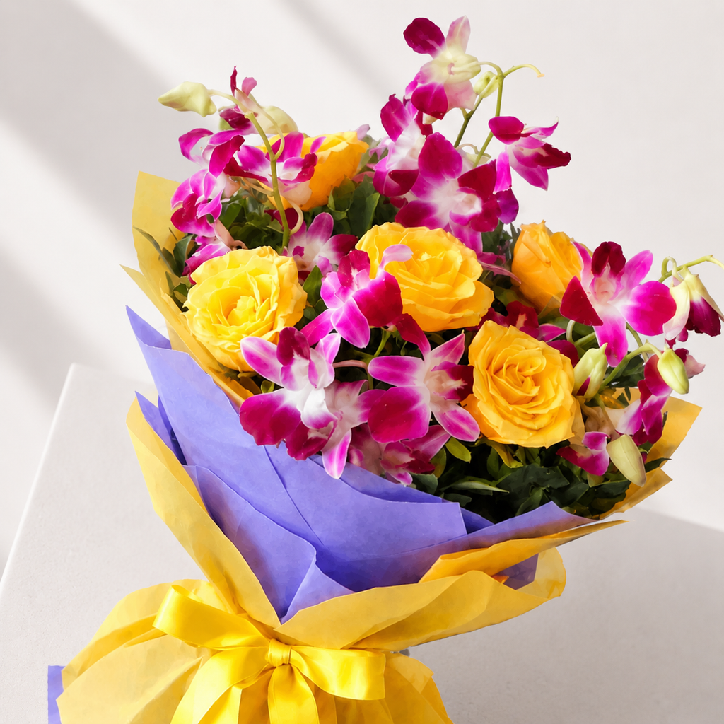 Vibrant Orchids & Yellow Roses Bouquet