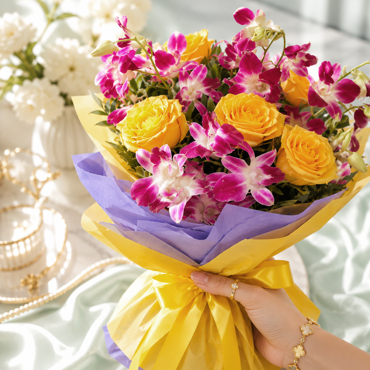 Vibrant Orchids & Yellow Roses Bouquet