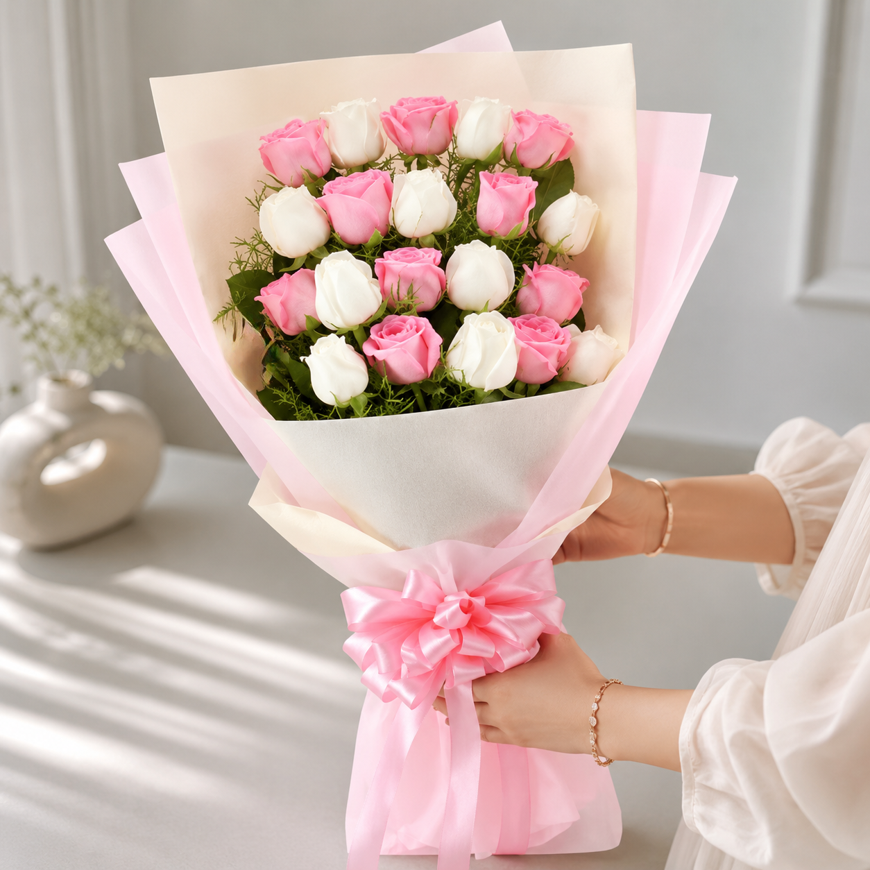 Pink and White Roses Bouquet