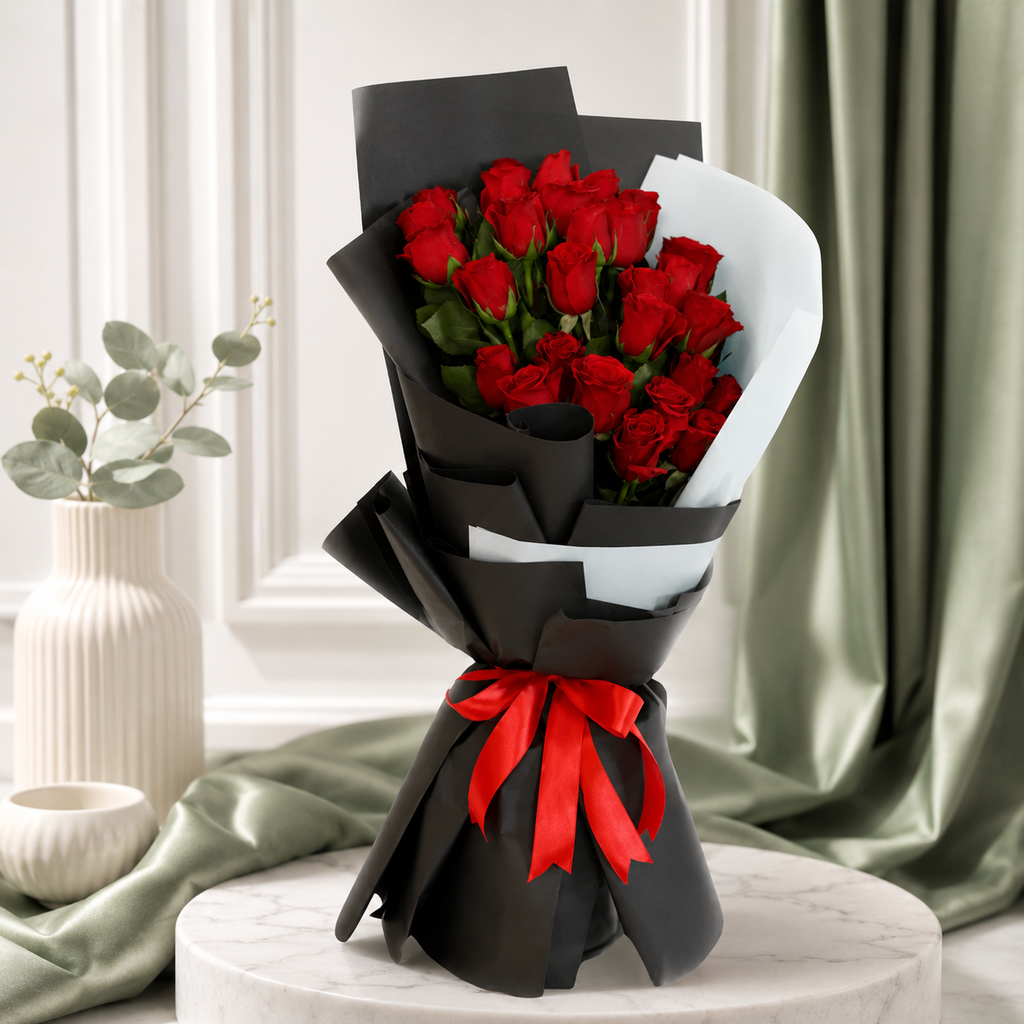 Red Rose Bouquet with Black Wrap