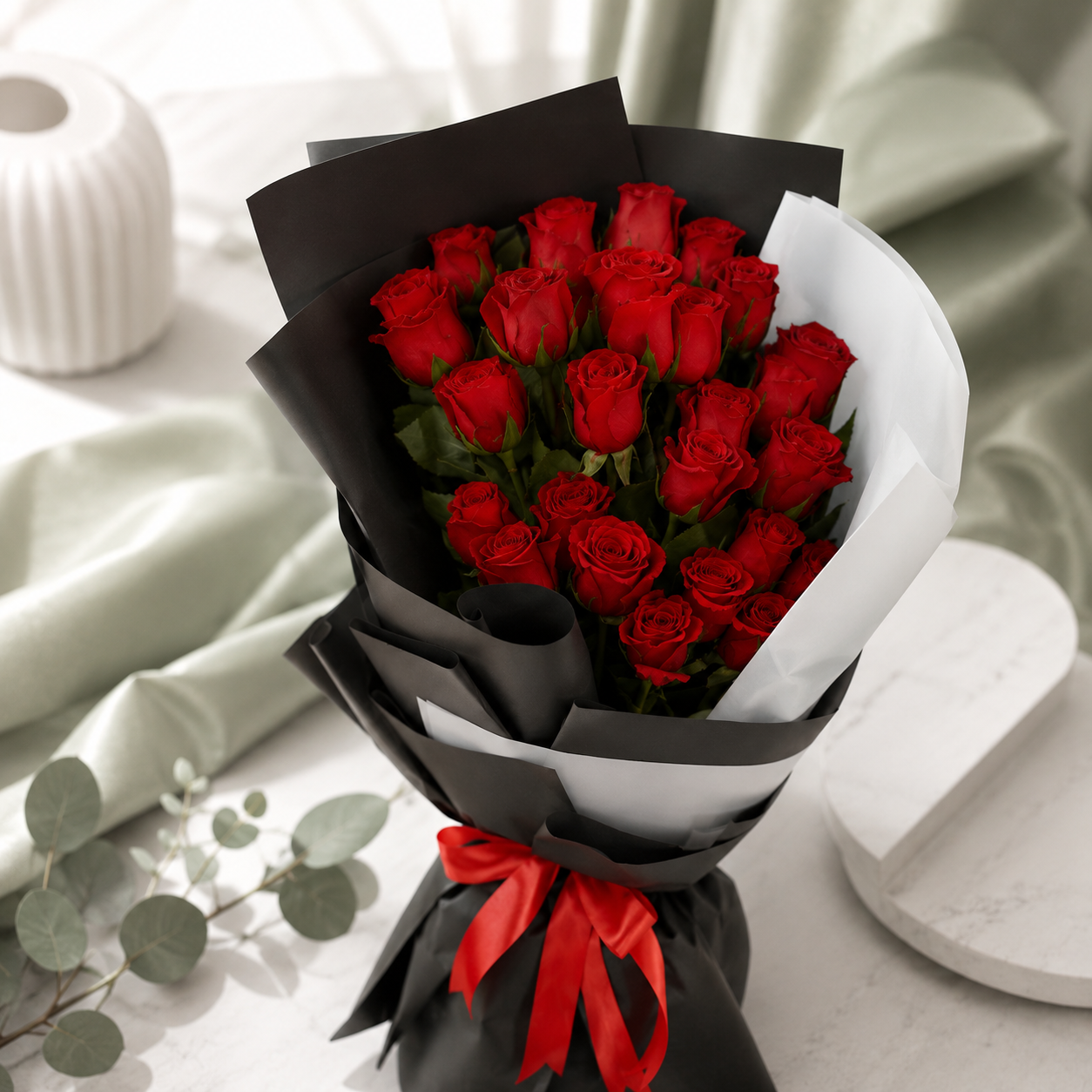 Red Rose Bouquet with Black Wrap