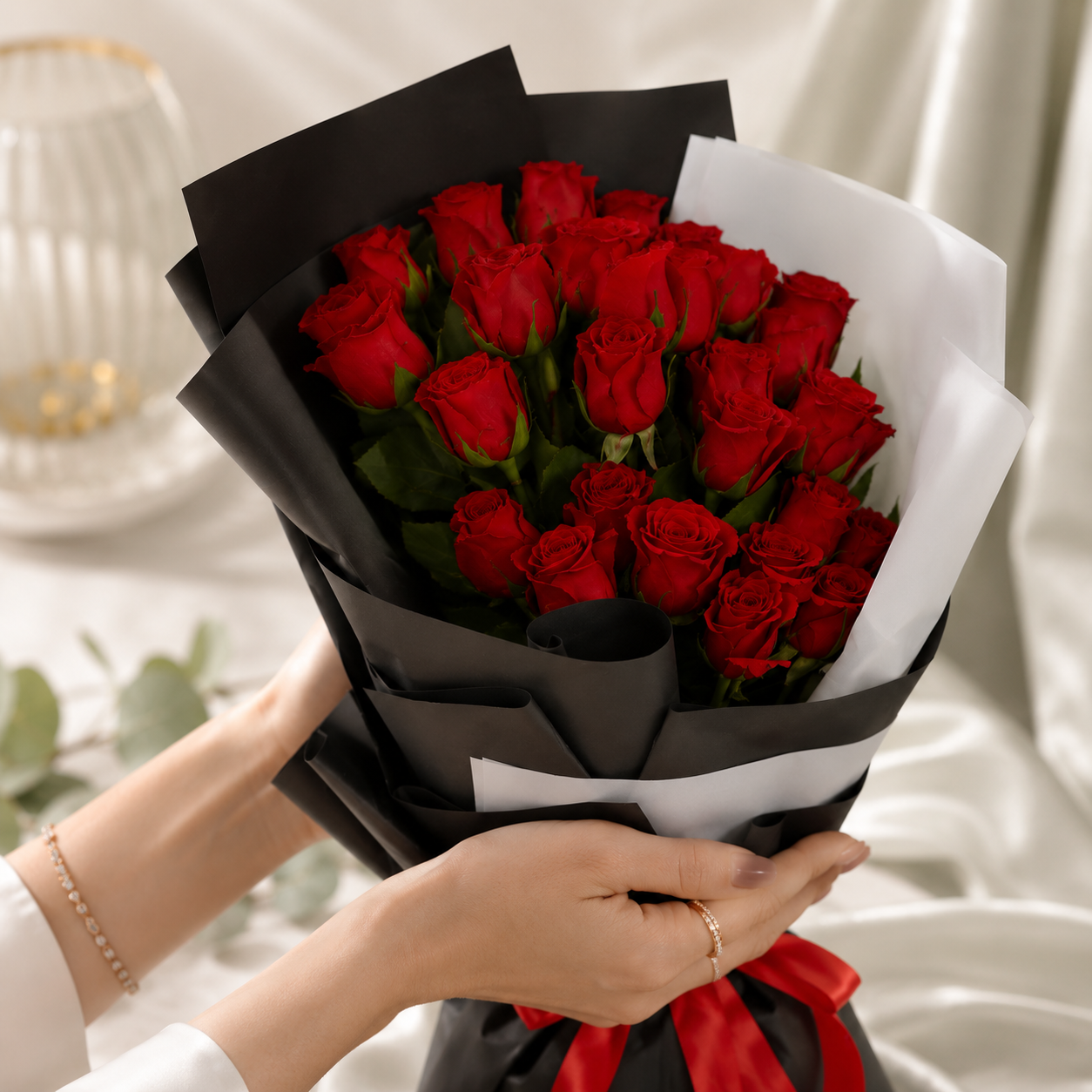 Red Rose Bouquet with Black Wrap