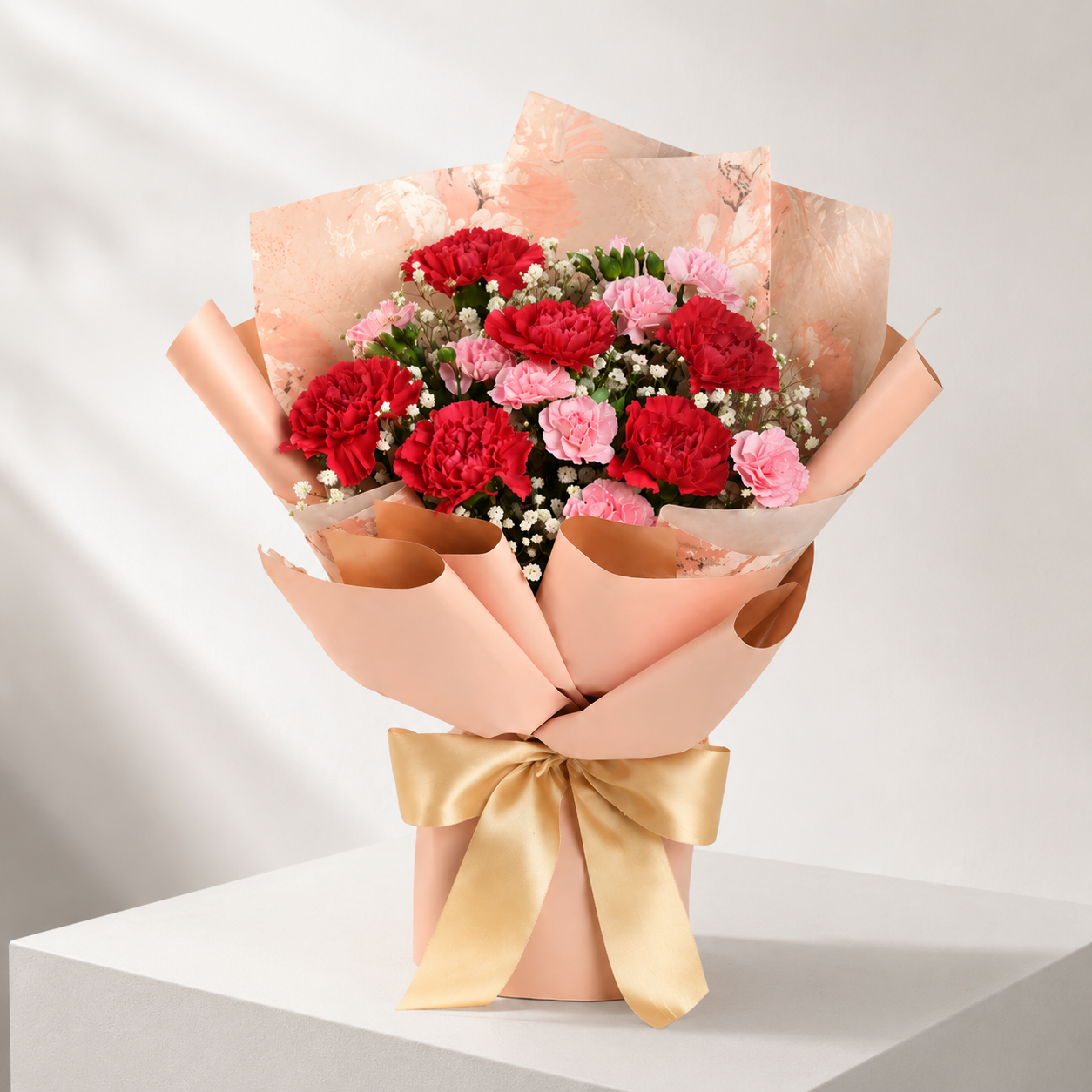 Red & Pink Carnation Bouquet with Gypsy