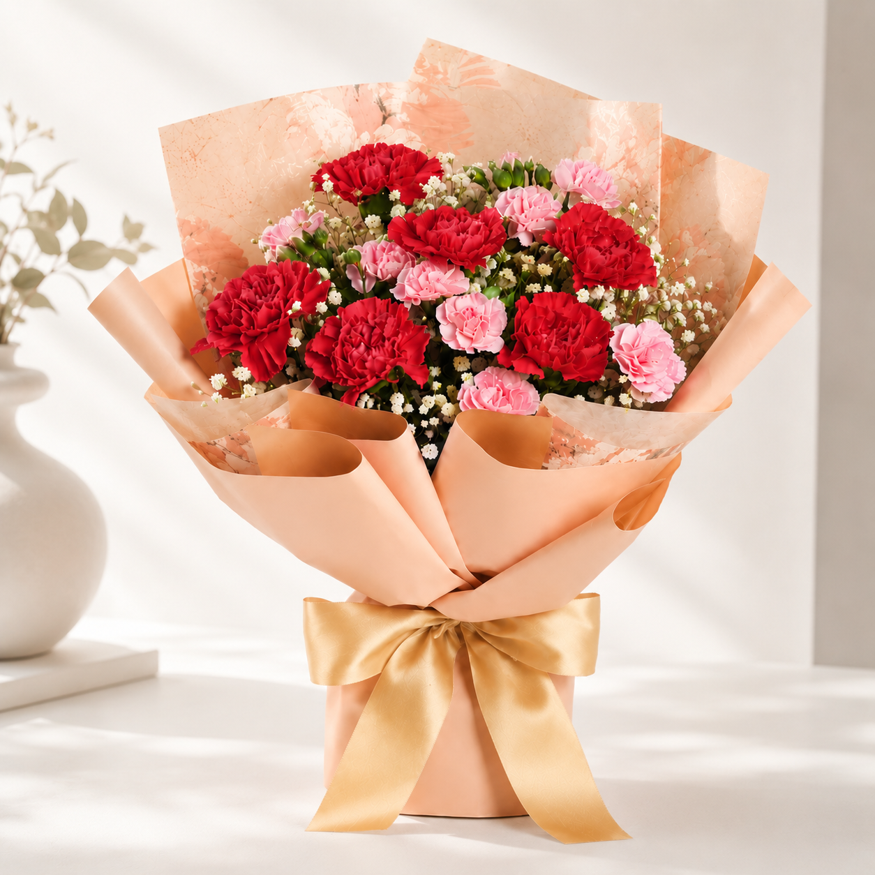 Red & Pink Carnation Bouquet with Gypsy