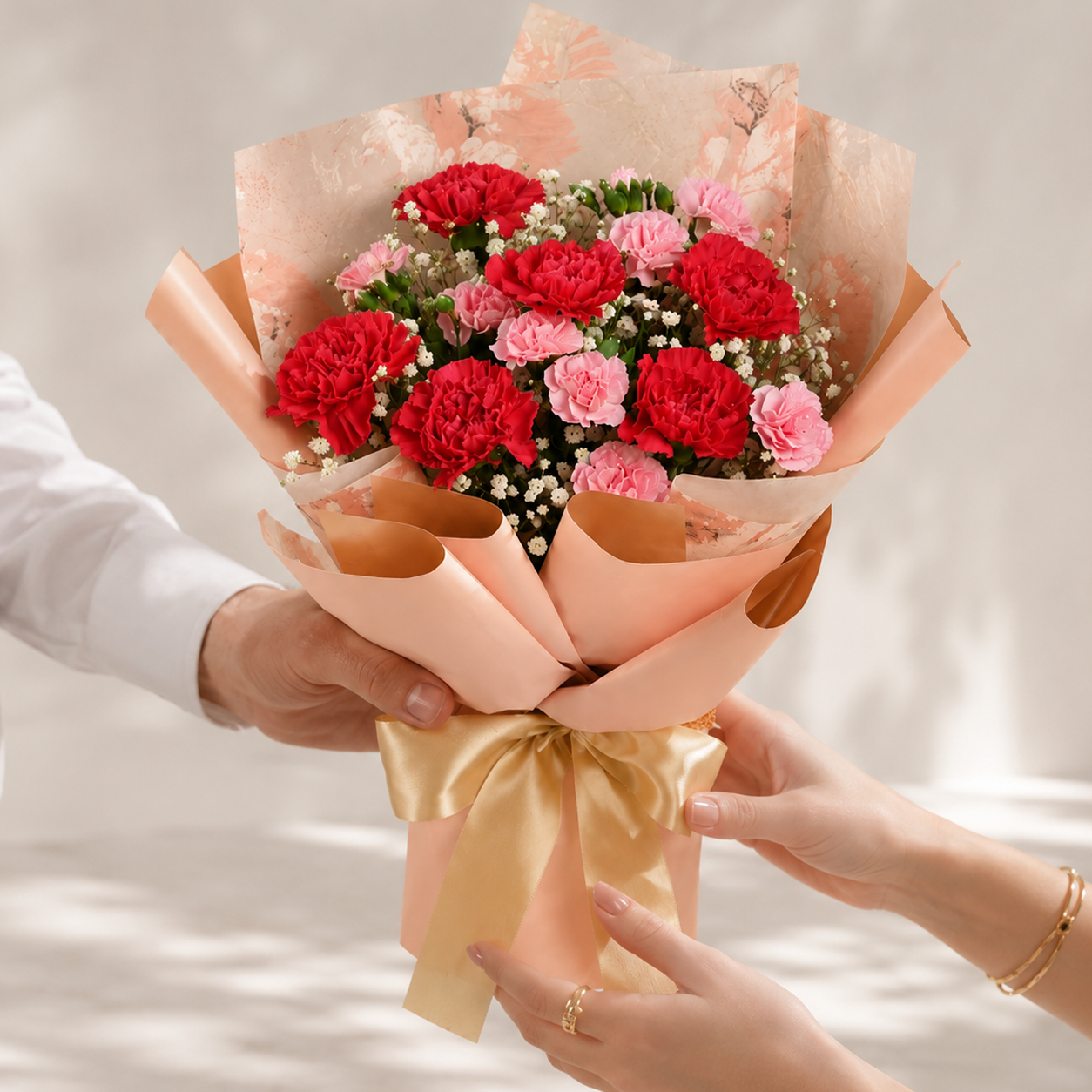 Red & Pink Carnation Bouquet with Gypsy