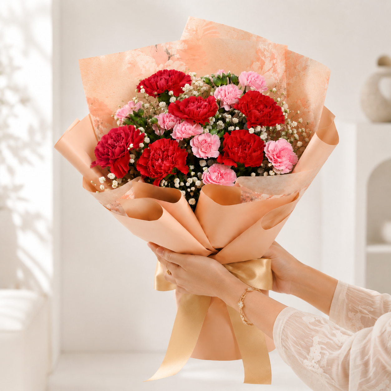 Red & Pink Carnation Bouquet with Gypsy