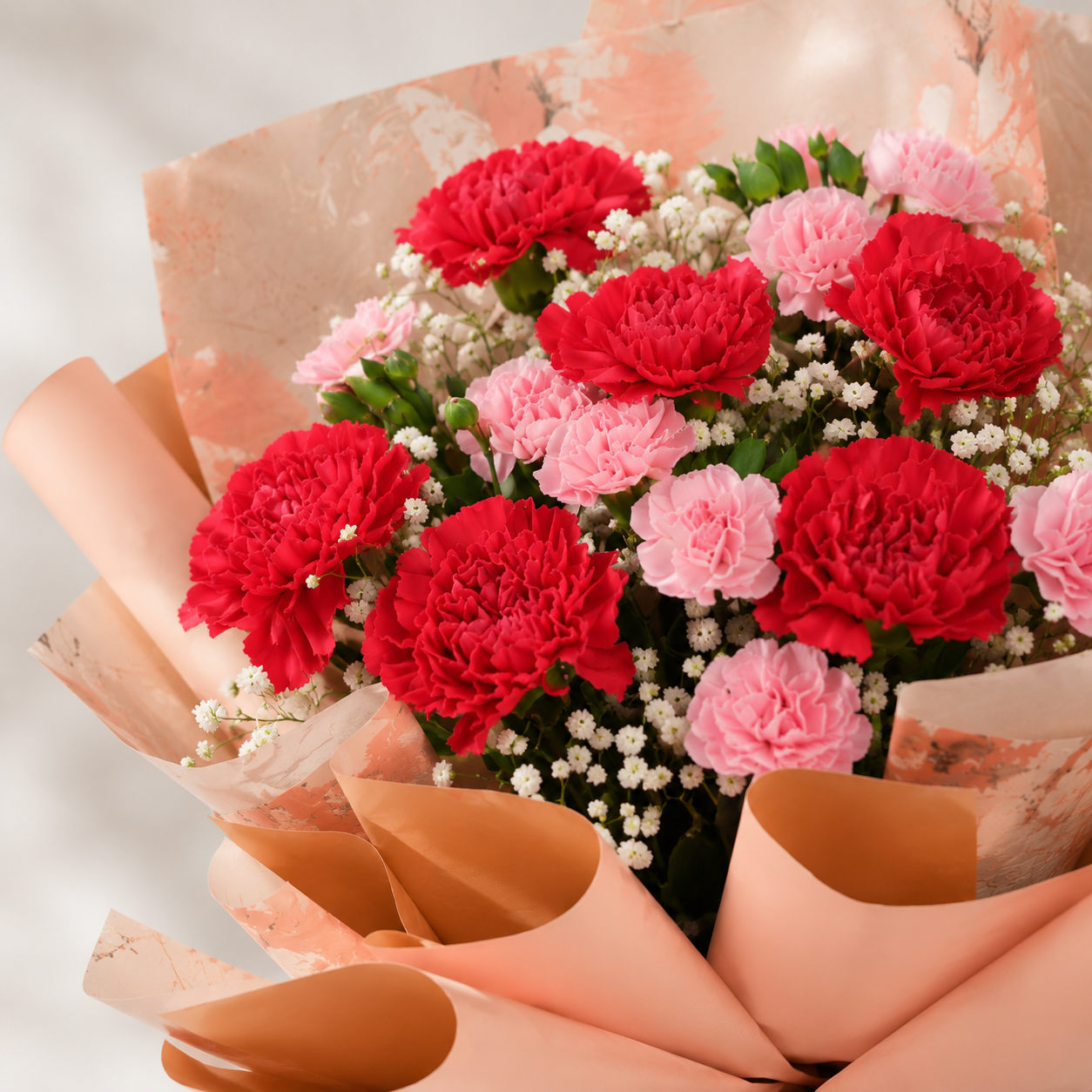 Red & Pink Carnation Bouquet with Gypsy