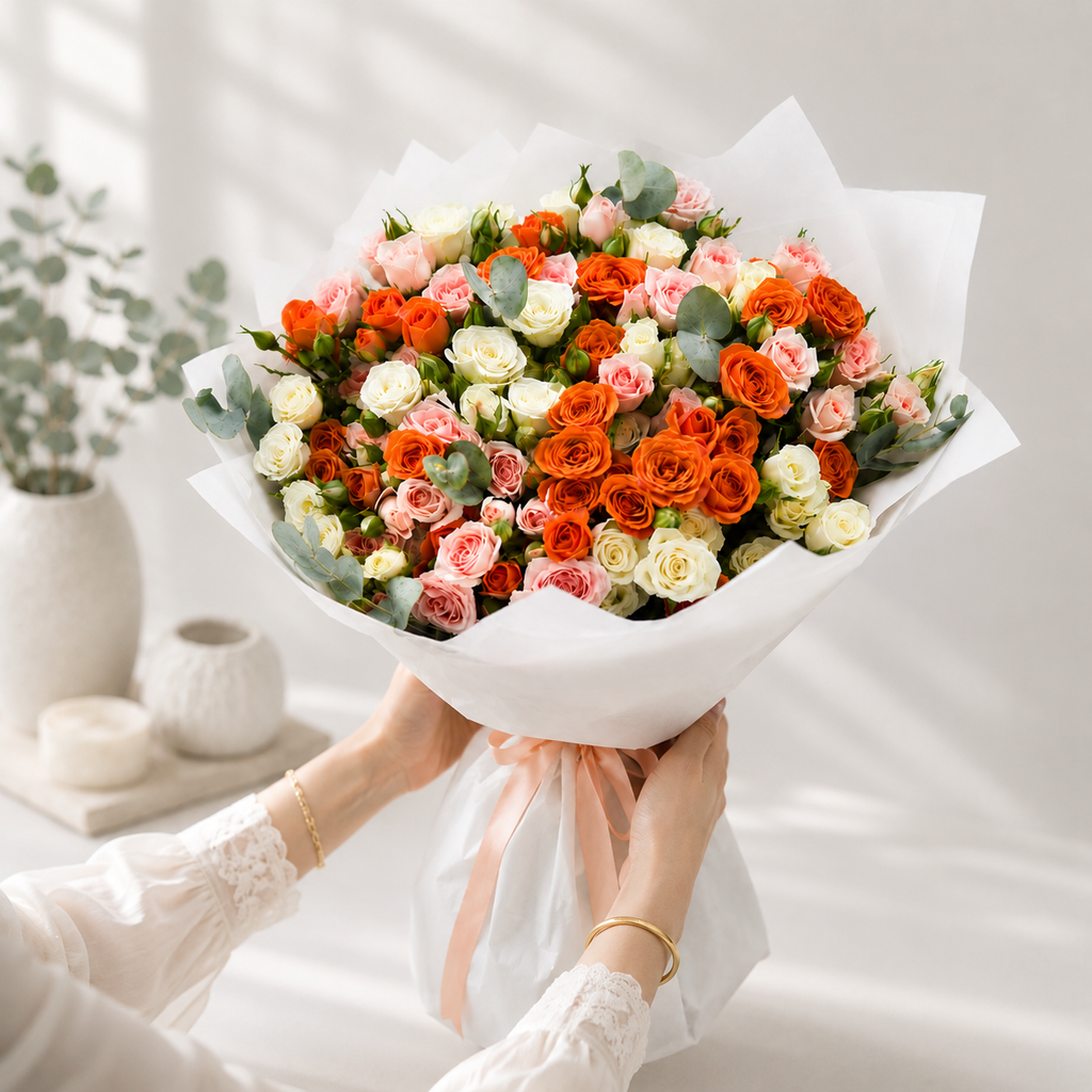 Rose Bouquet in Orange,White & Pink