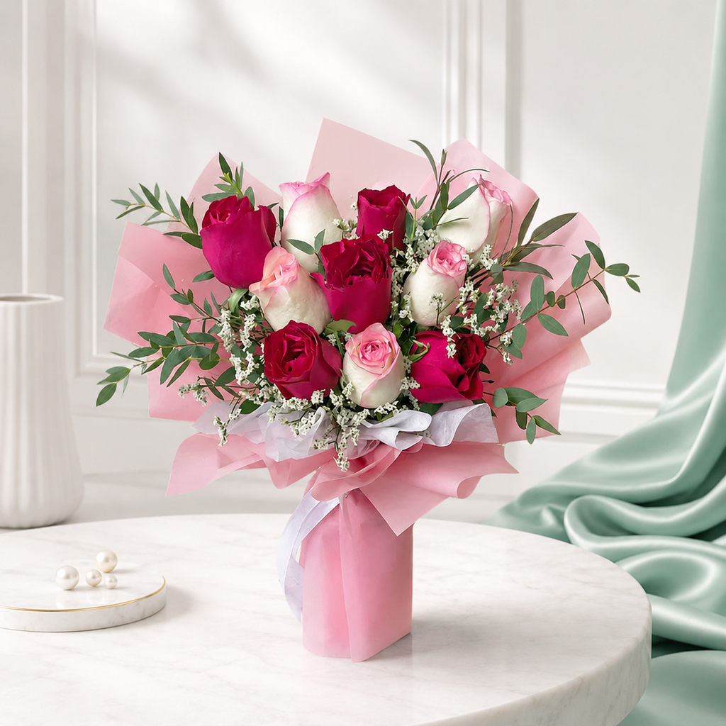 Love-filled Red & Aqua Pink Roses Bouquet