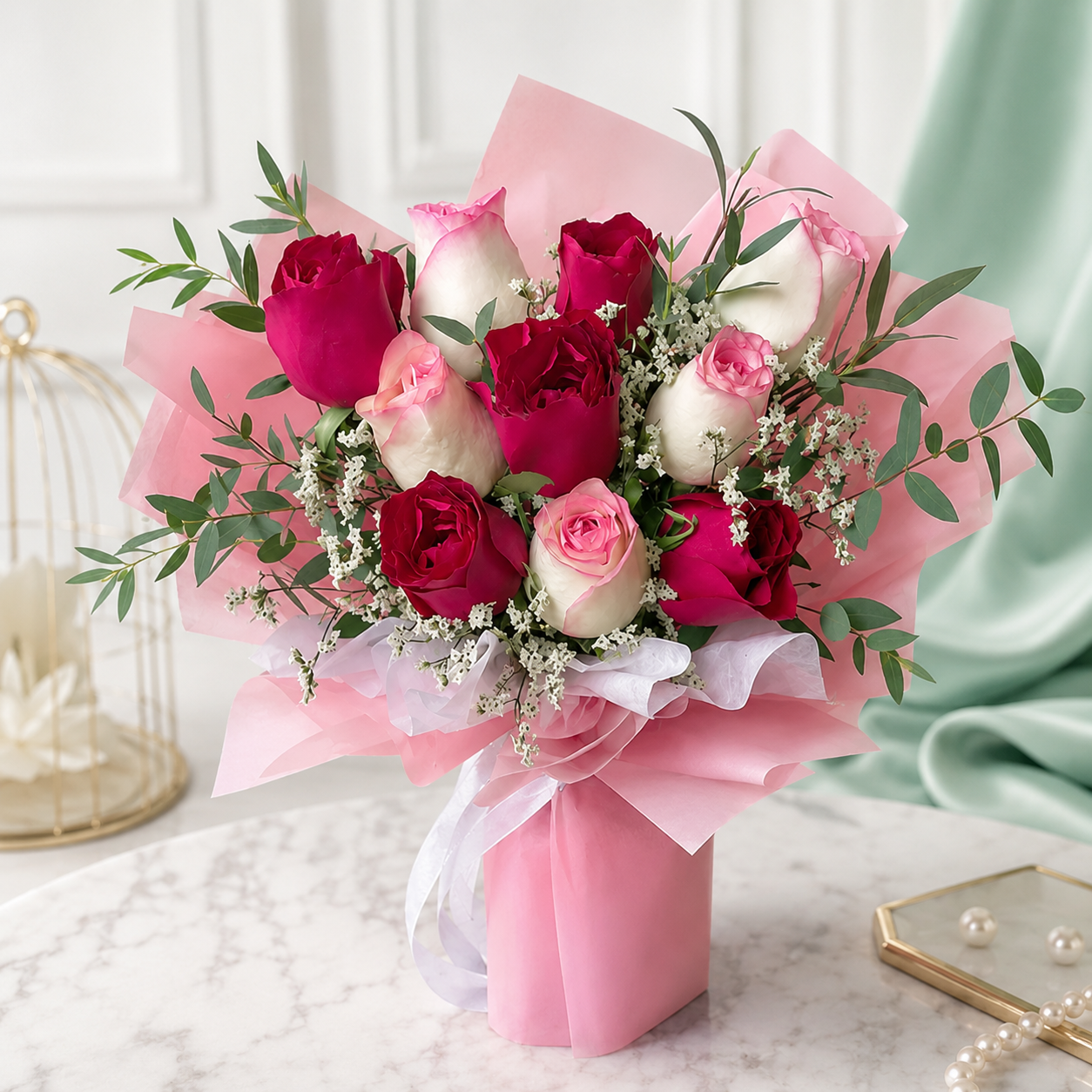 Love-filled Red & Aqua Pink Roses Bouquet