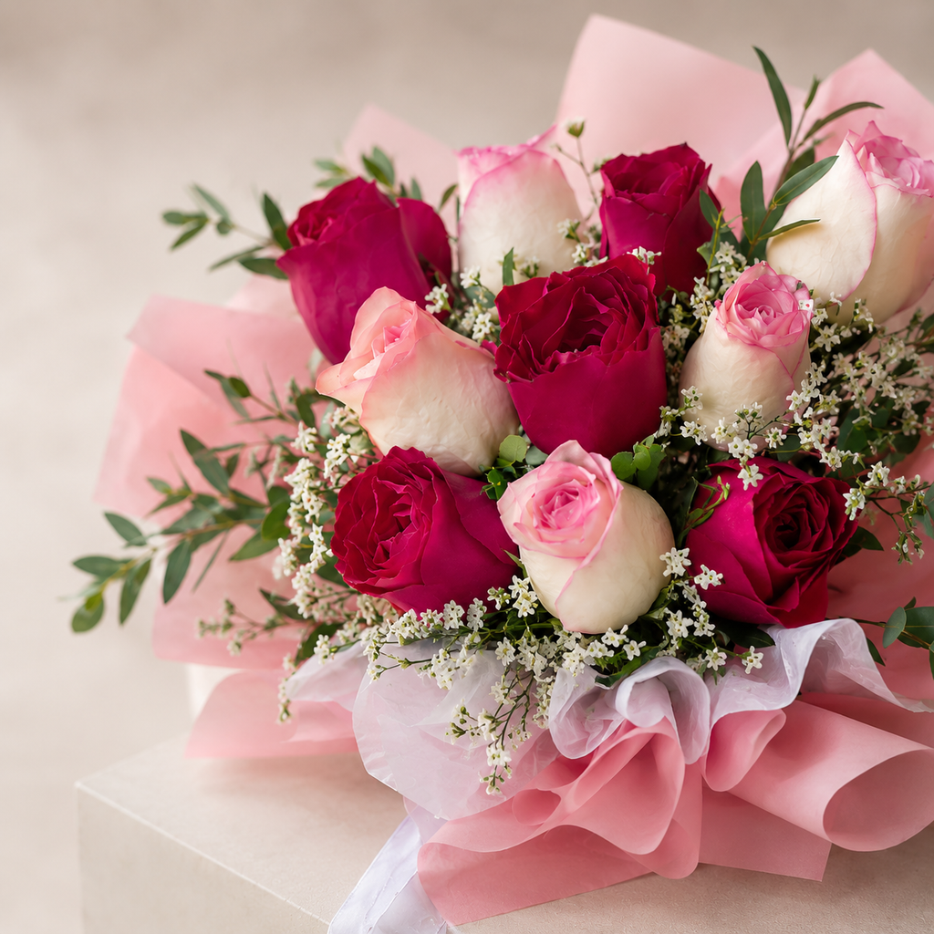 Love-filled Red & Aqua Pink Roses Bouquet