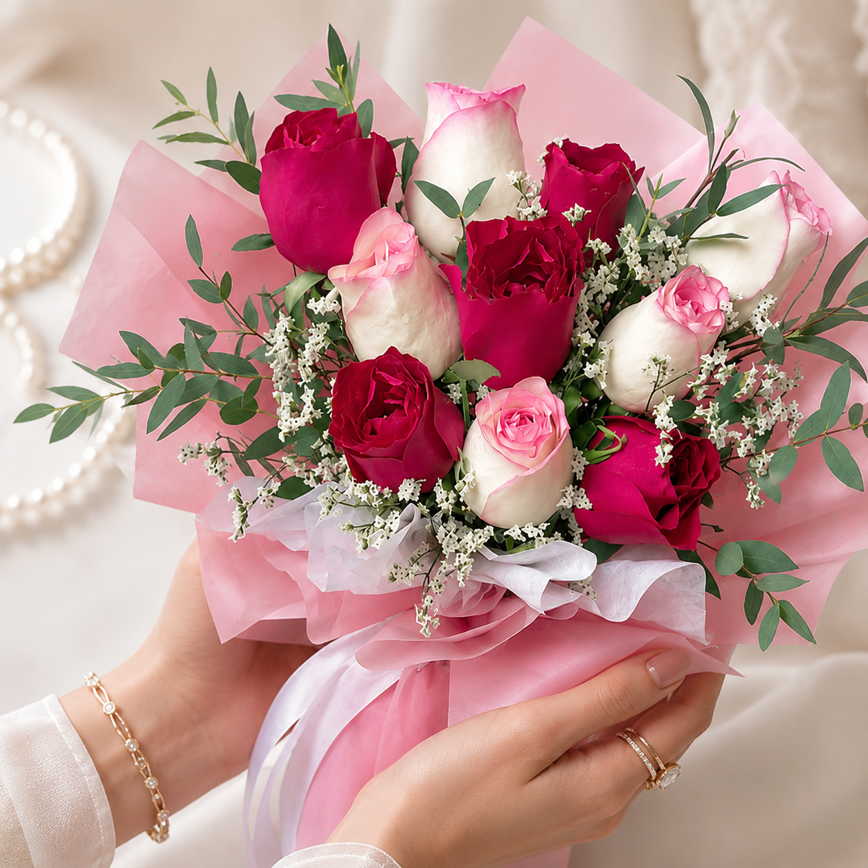 Love-filled Red & Aqua Pink Roses Bouquet