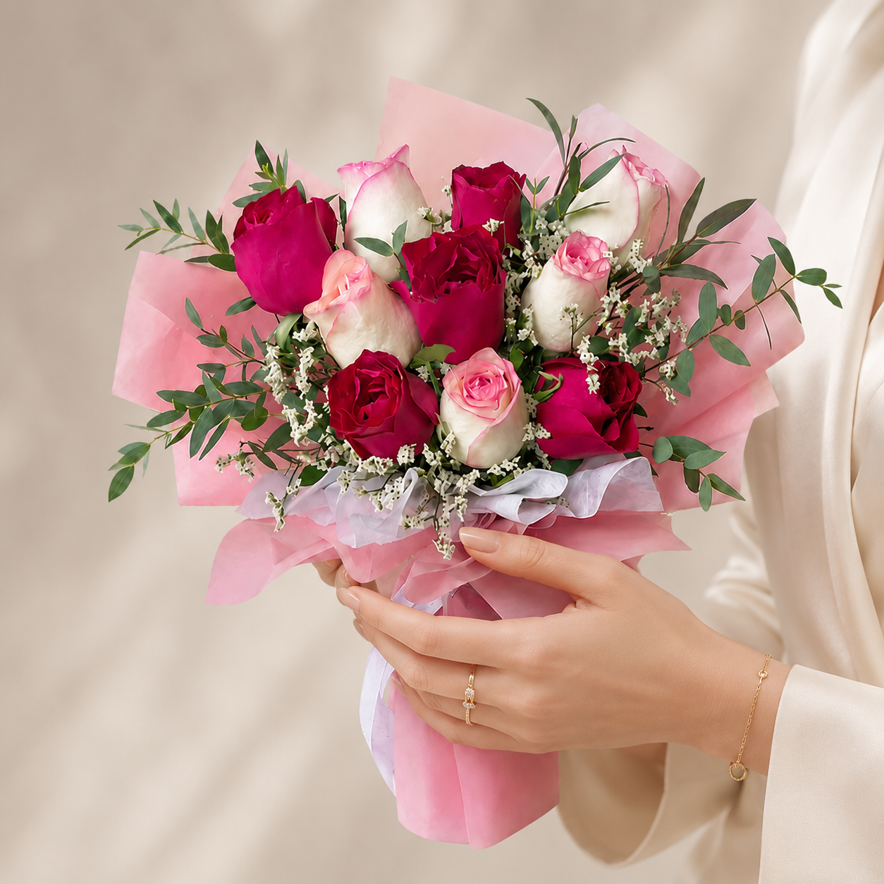 Love-filled Red & Aqua Pink Roses Bouquet
