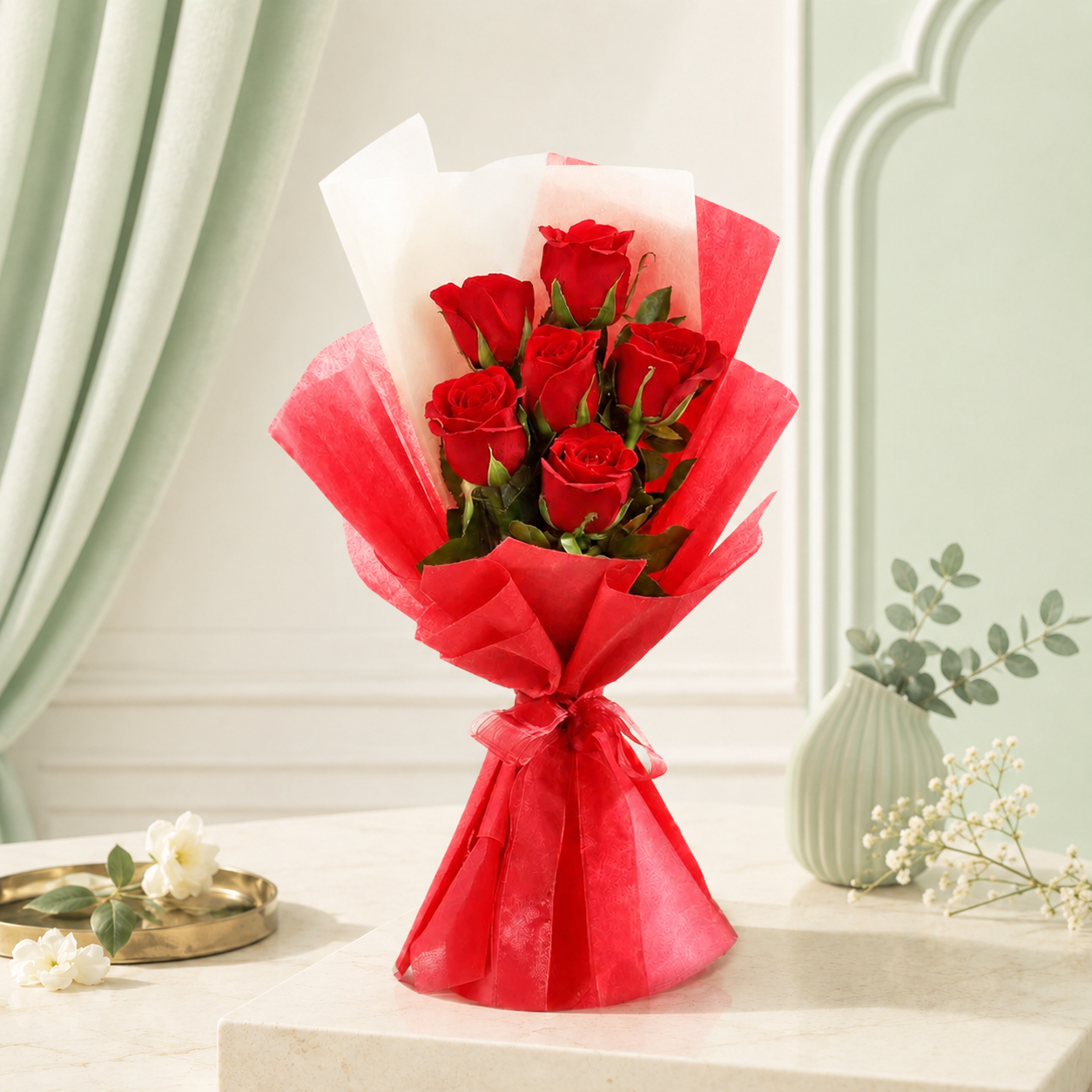 Red Rose Bouquet - 6 Stems with Premium Wrap