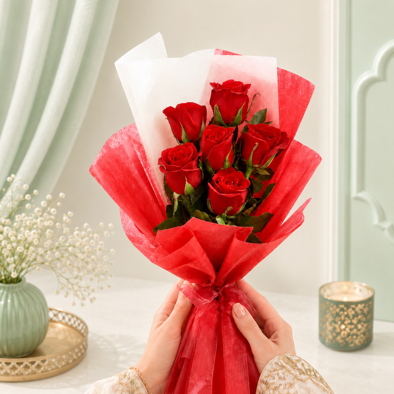 Red Rose Bouquet - 6 Stems with Premium Wrap