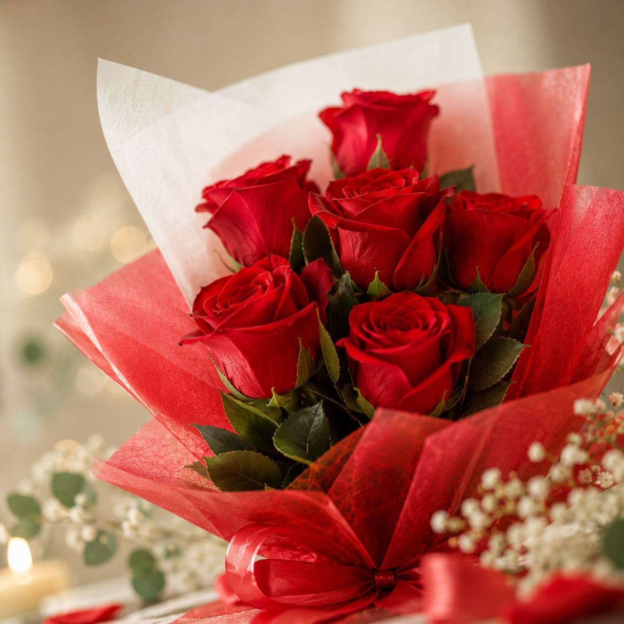 Red Rose Bouquet - 6 Stems with Premium Wrap