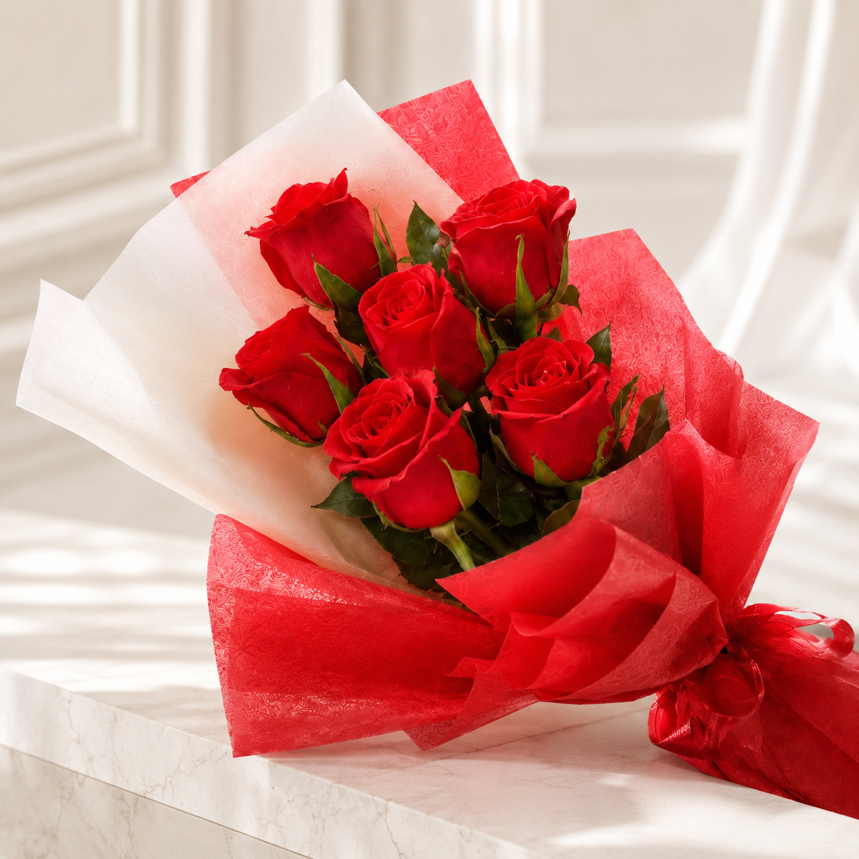 Red Rose Bouquet - 6 Stems with Premium Wrap