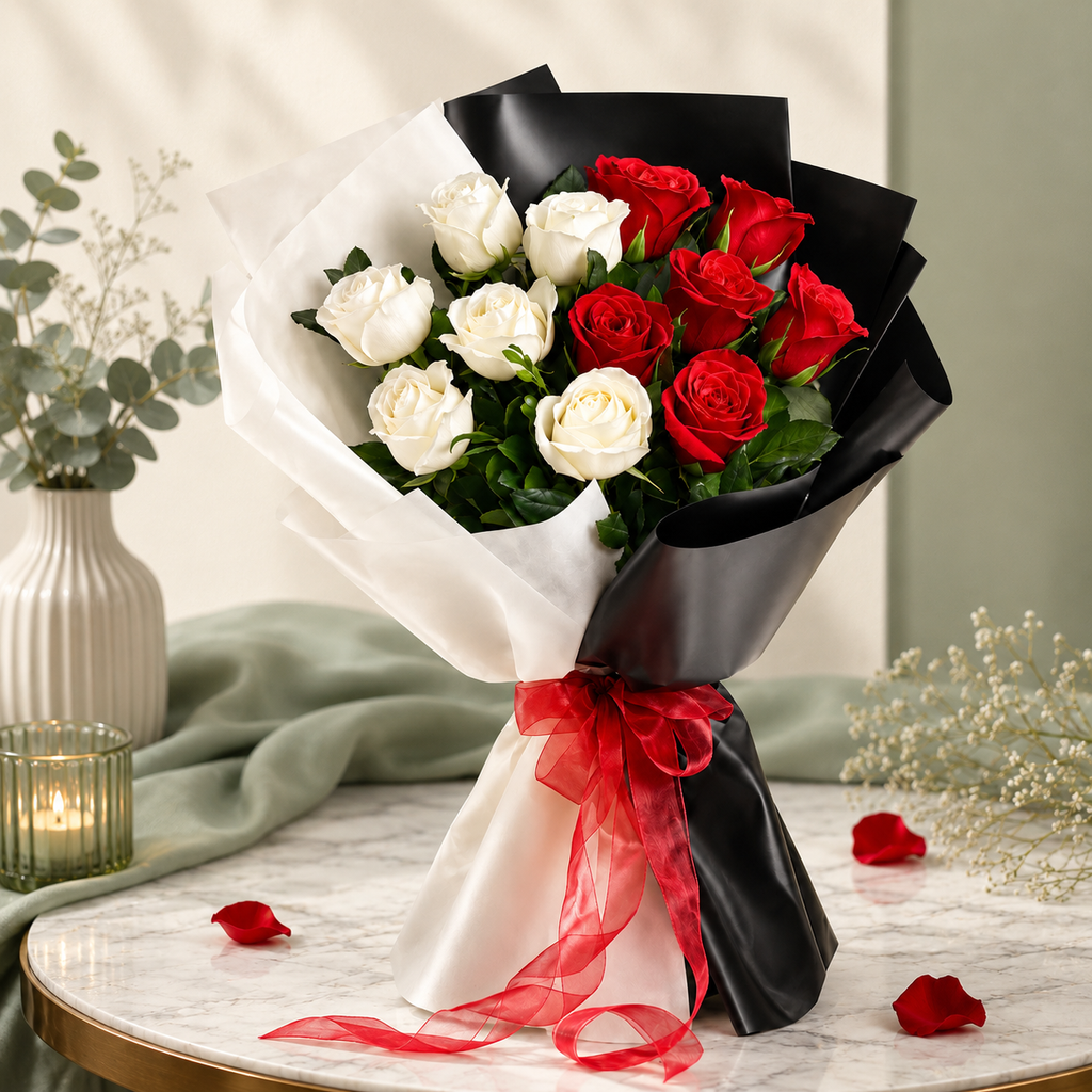 Red and White Rose Bouquet with Black Wrap
