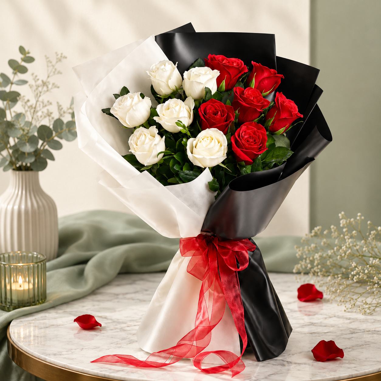 Red and White Rose Bouquet with Black Wrap