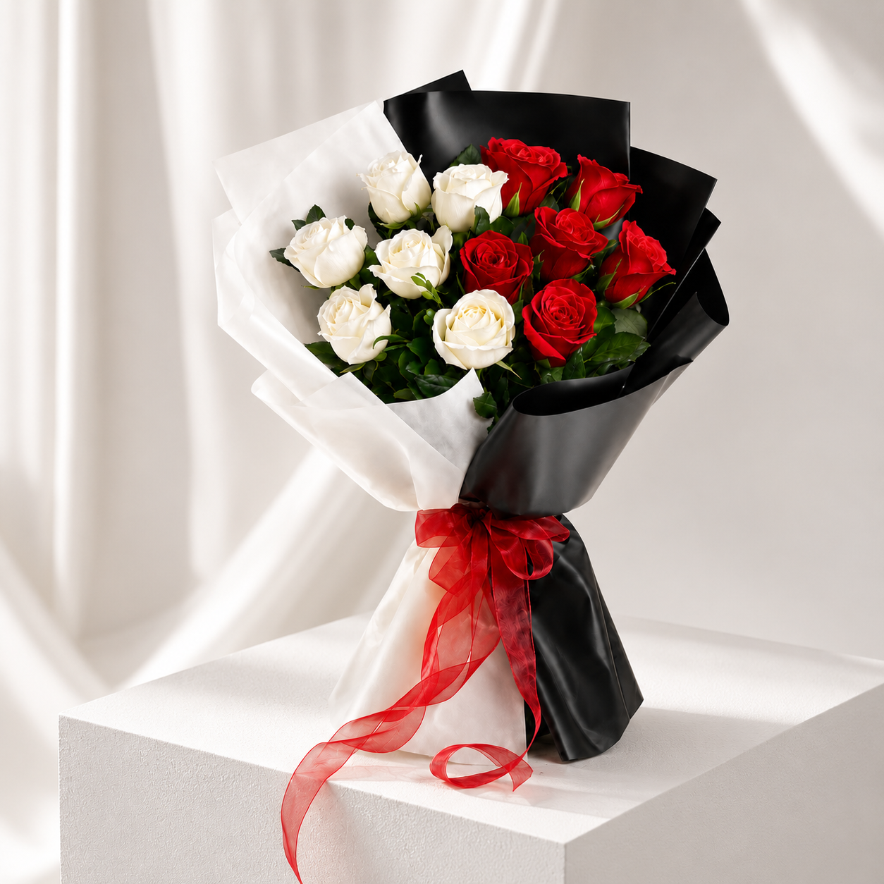 Red and White Rose Bouquet with Black Wrap