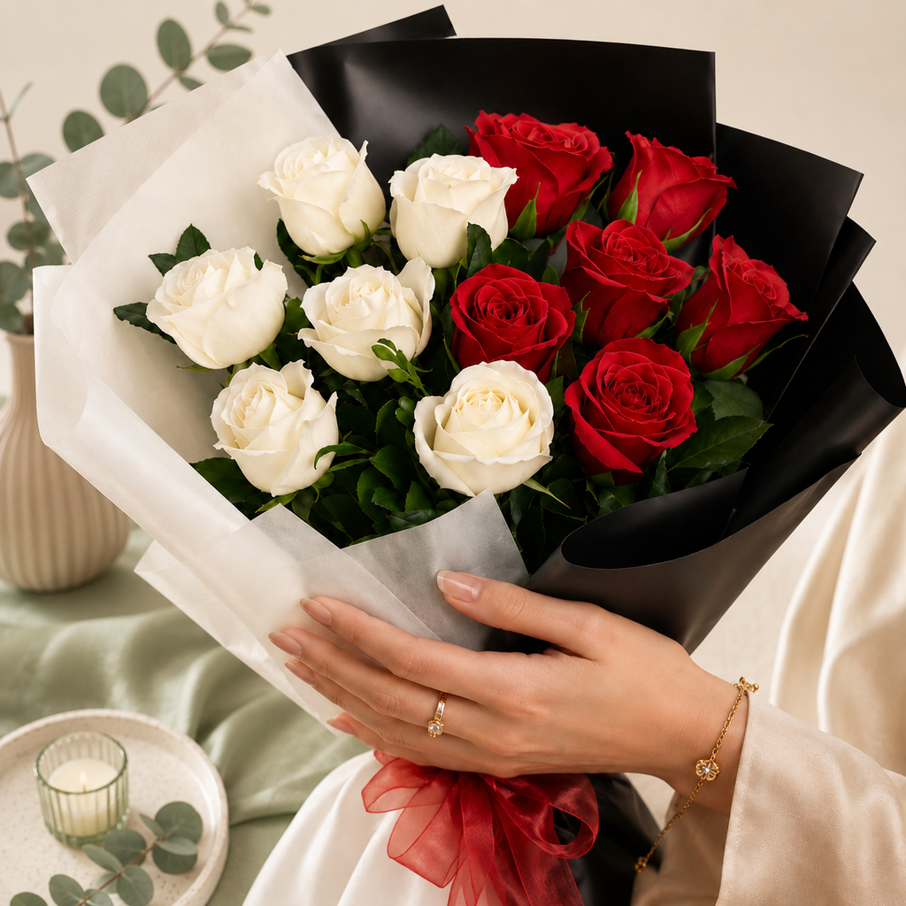 Red and White Rose Bouquet with Black Wrap