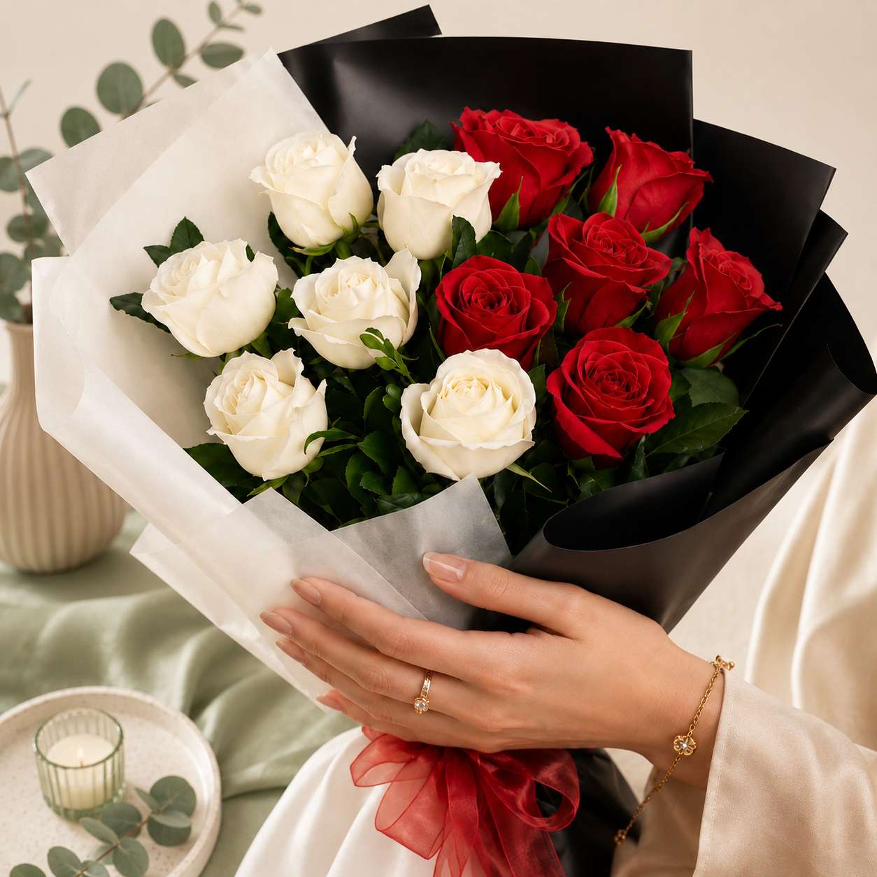 Red and White Rose Bouquet with Black Wrap