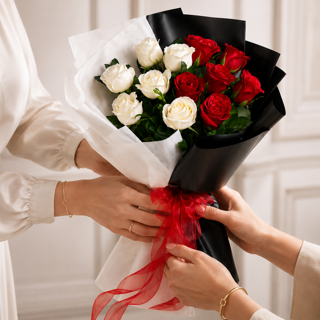 Red and White Rose Bouquet with Black Wrap