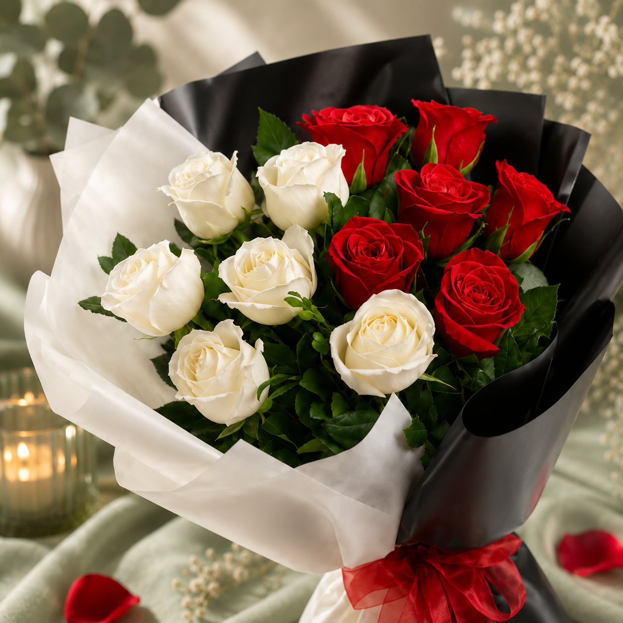Red and White Rose Bouquet with Black Wrap