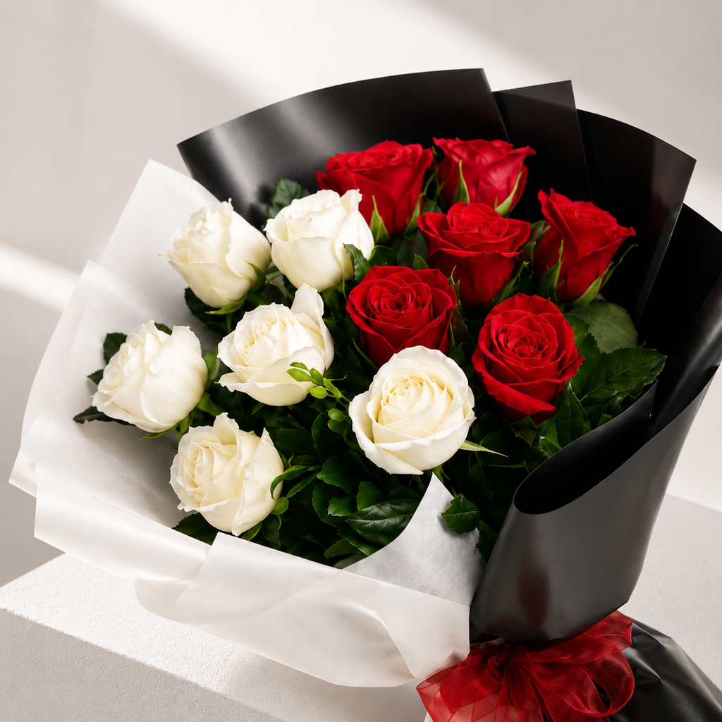 Red and White Rose Bouquet with Black Wrap