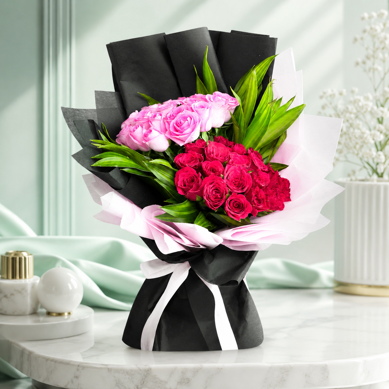 Romantic Red & Pink Rose Flower Arrangement