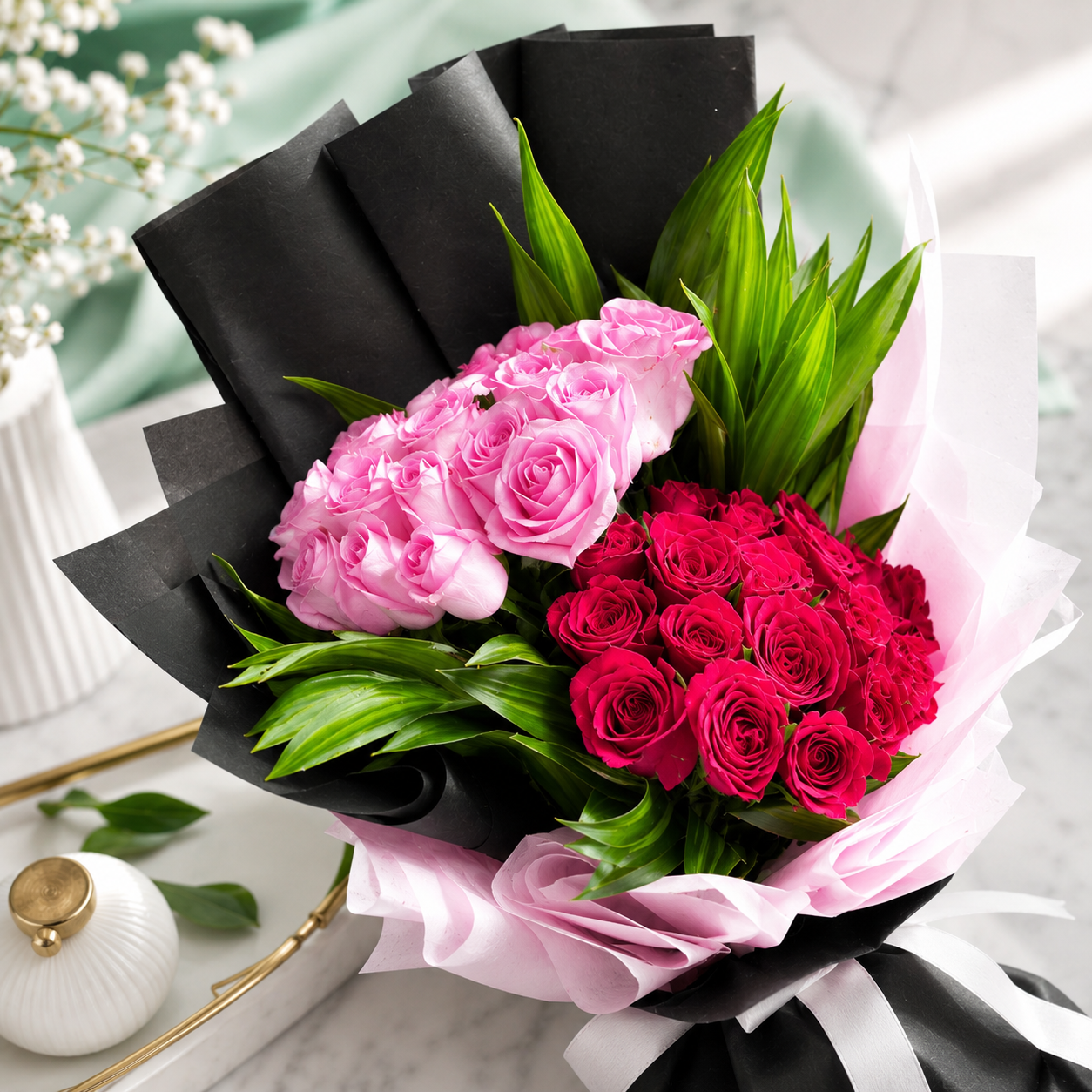 Romantic Red & Pink Rose Flower Arrangement