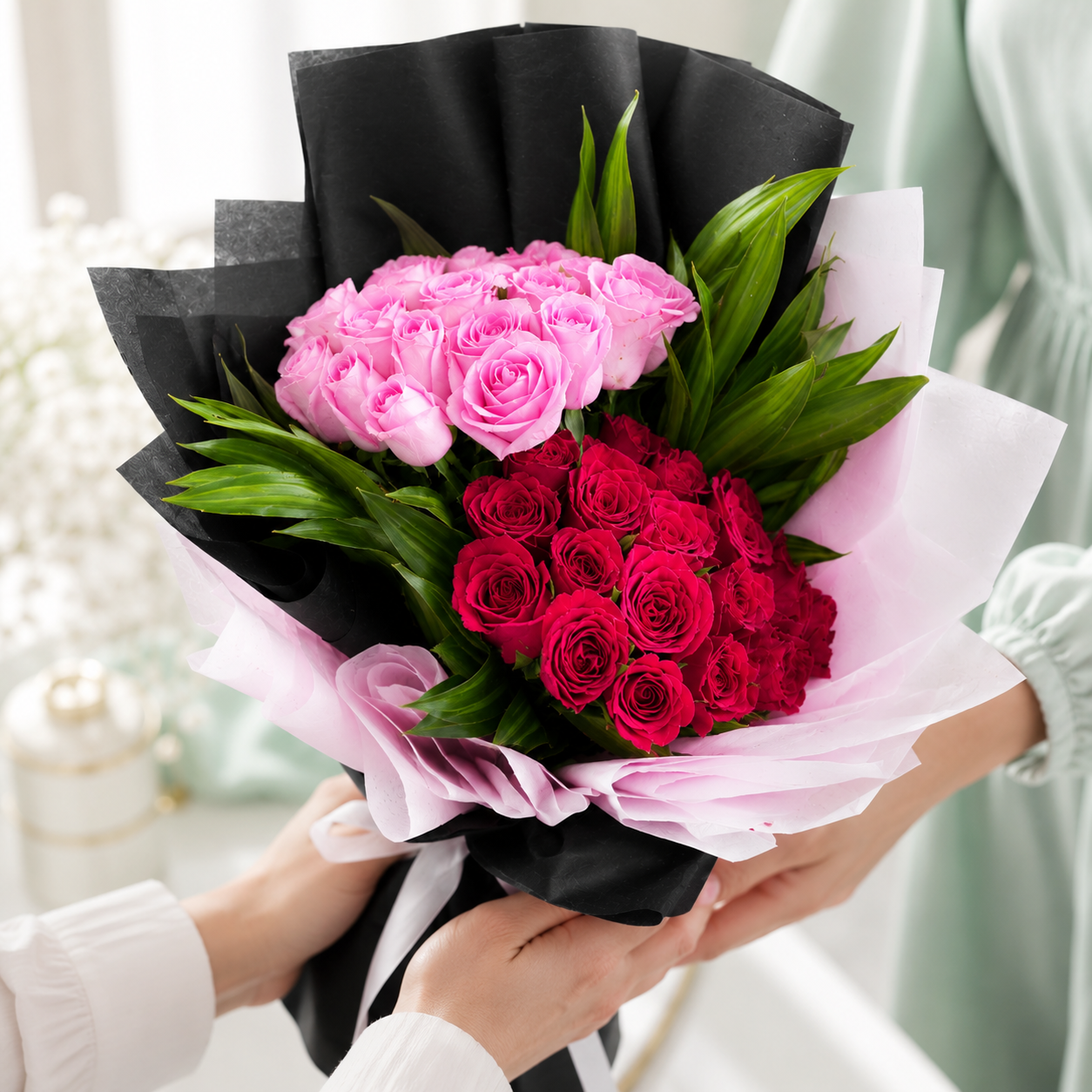 Romantic Red & Pink Rose Flower Arrangement