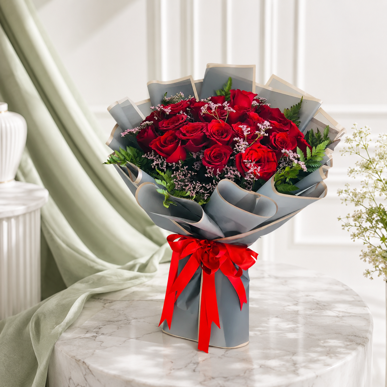 30 Red Roses Bouquet with Green Fillers
