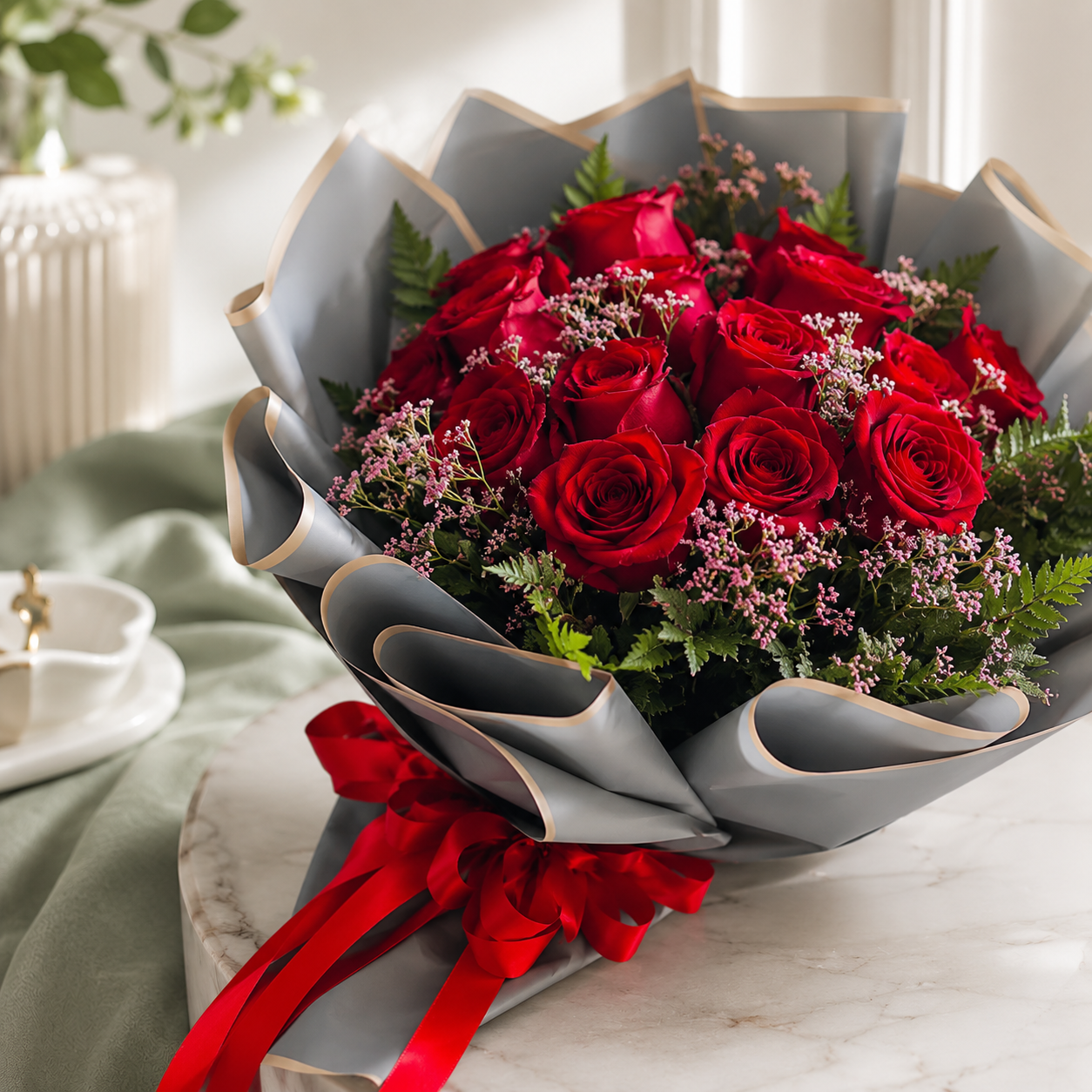 30 Red Roses Bouquet with Green Fillers