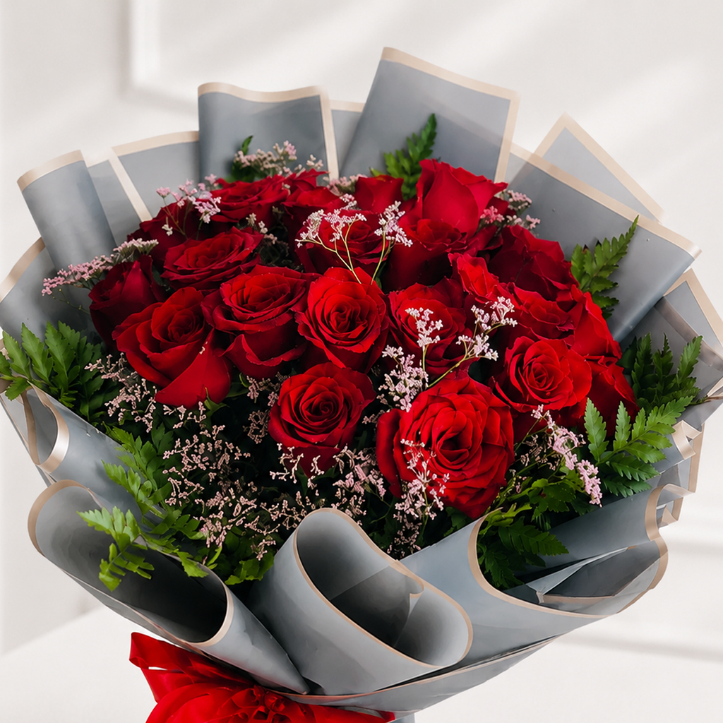 30 Red Roses Bouquet with Green Fillers